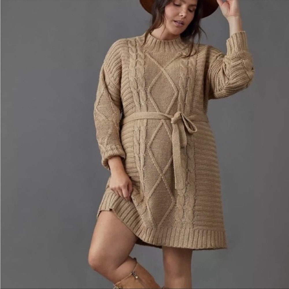 Anthropologie Amadi Leah Cable Knit Tunic Sweater Dress Brown Tan Size Large